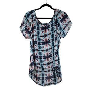 Society Girl Flowy Summer Blue Pink White Casual Graphic Relaxed T-Shirt Blouse